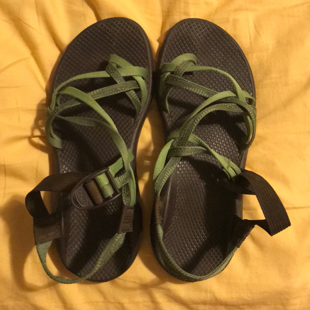 lightly worn gray and olive green chacos